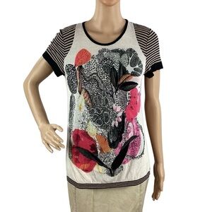 Aldomartins XS Abstract Floral Striped Sleeve Knit Top